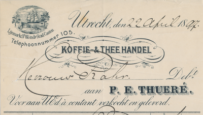 712125 Kop van een nota van P.E. Thueré, Thee- en Koffiehandel, Leveranciers aan verschillende Hoven, Lijnmarkt No. 68 ...